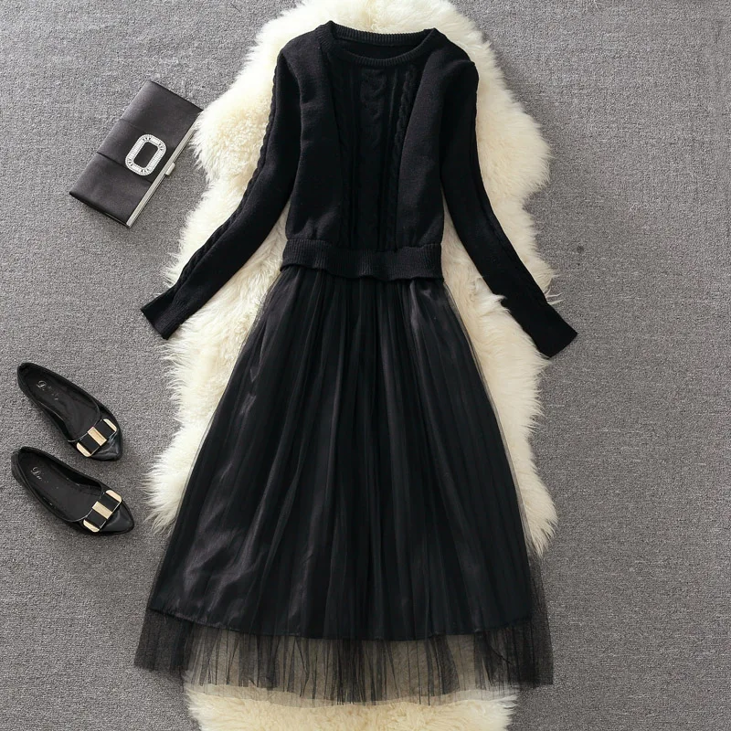 Осенне-зимнее женское платье-свитер с длинным рукавом вязаные Лоскутные