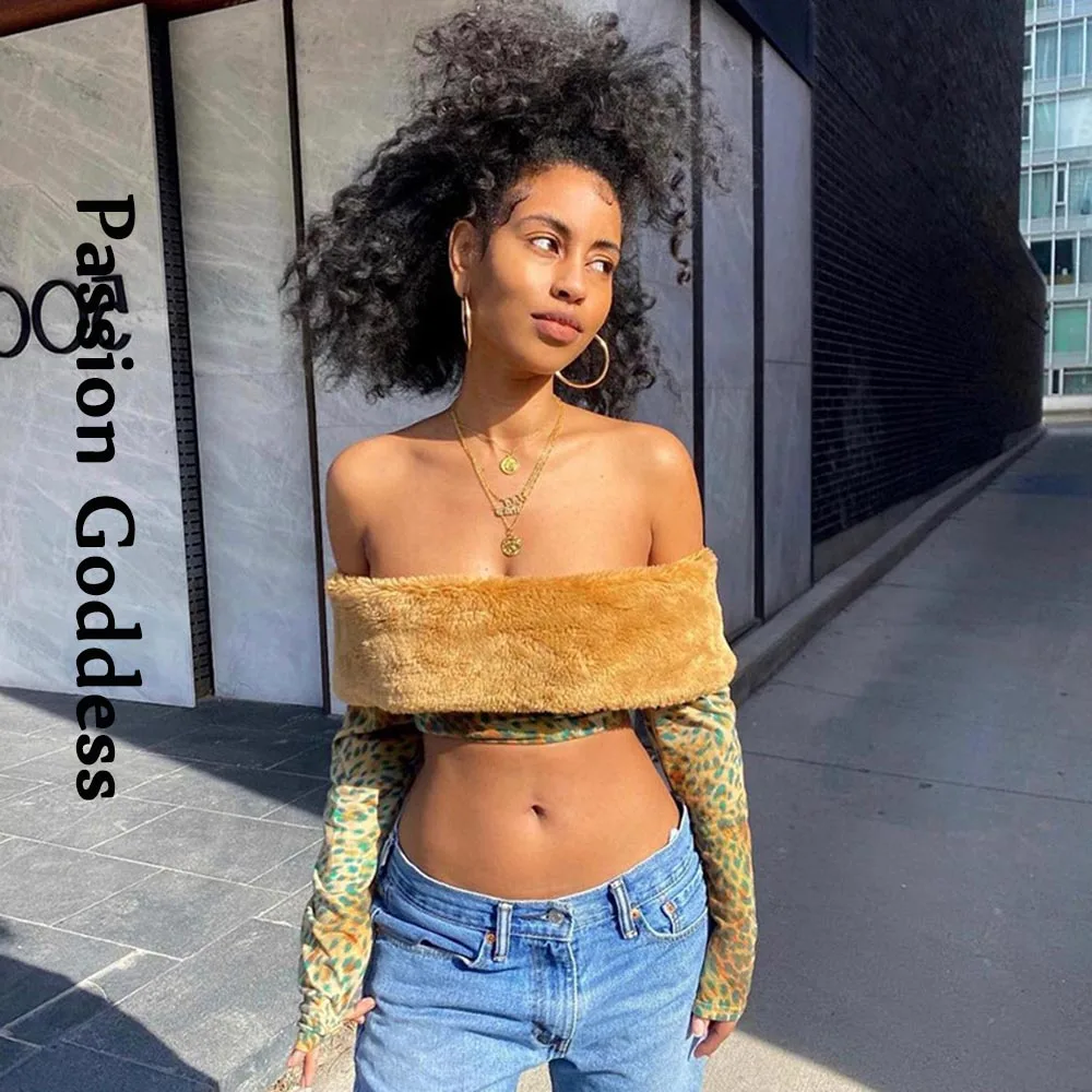 

Sexy Hot Women Leopard Fuzzy Crop Shirts Off-shoulder Slim Pullovers Long Sleeve T Shirt Party Nightclub Wear Flocking Crop Tops