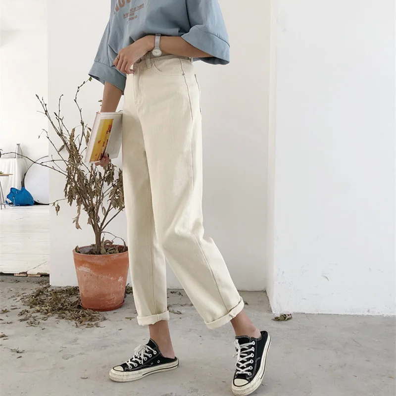 Женские джинсы бежевые джинсовые с высокой талией до щиколотки свободные