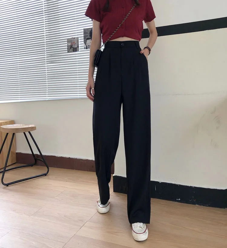 

Streetwear Loose Black Straight Pant Women Spring High Waist Pants Casual Solid Color Leisure Trousers Long Pant Buttons 2021