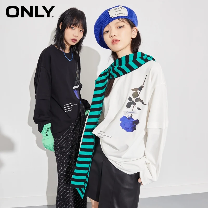 

ONLY winter new age reduction all-match loose and thin printed round neck long-sleeved T-shirt female | 121402010