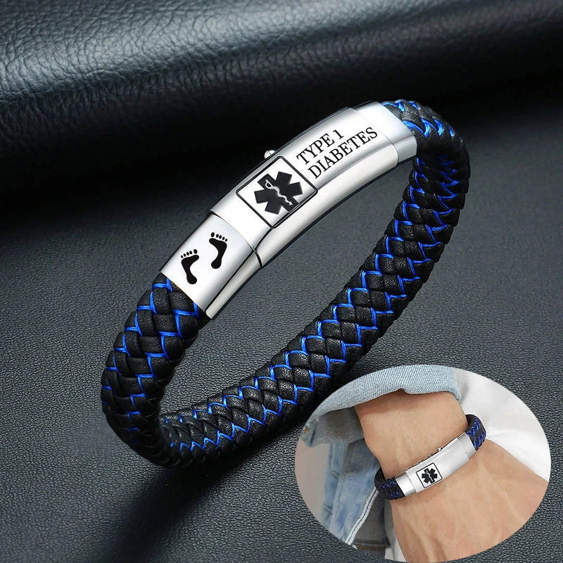 

Male Free Engraving Medical Alert ID Bracelets Men Stainless Steel Type 1 Diabetes Leather Braided Wristband Adjustable Jewelry