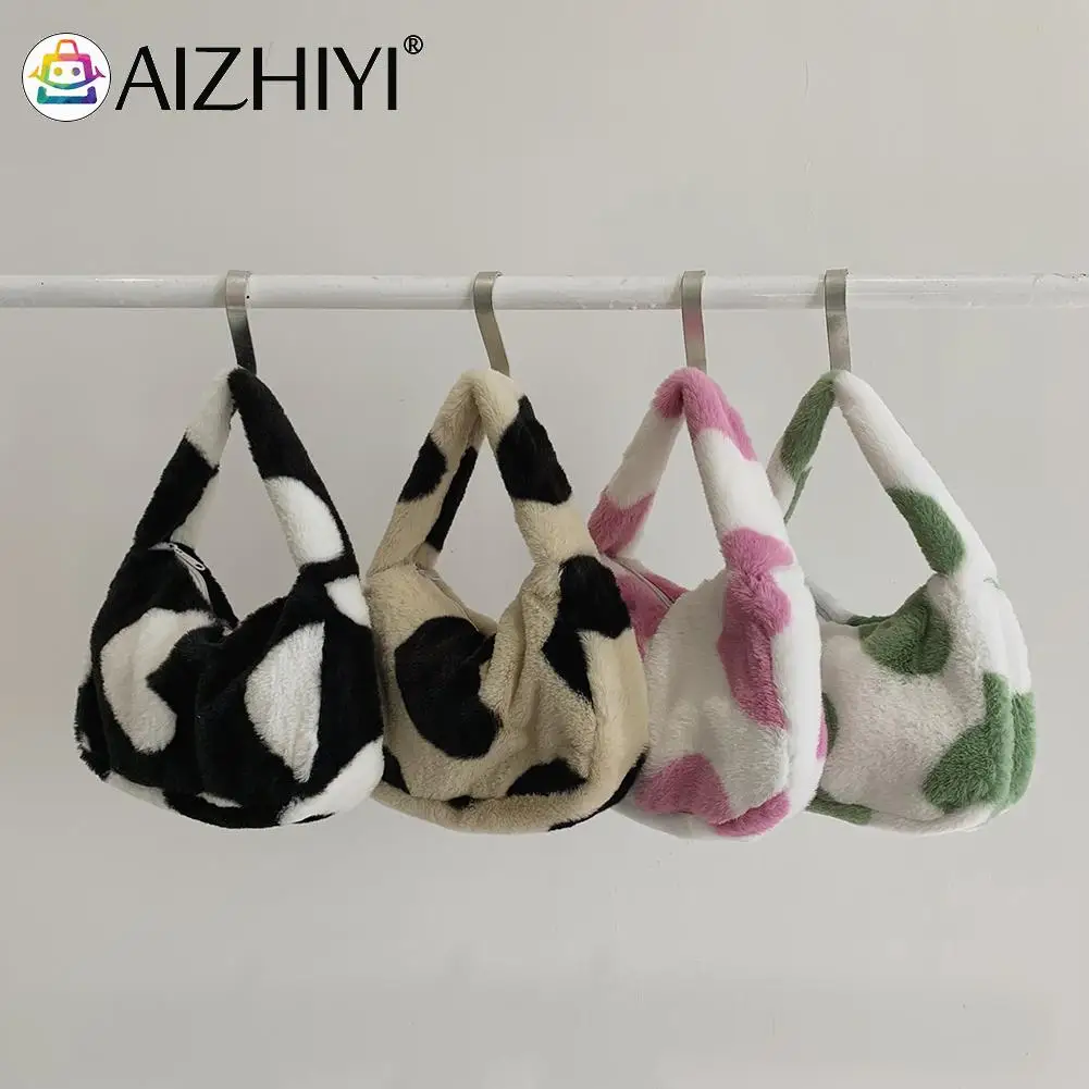 

Women Plush Fur Heart Pattern Single Shoulder Strap Handbag Winter Zipper Hit Color Casual Top-handle Bag Travel Bags