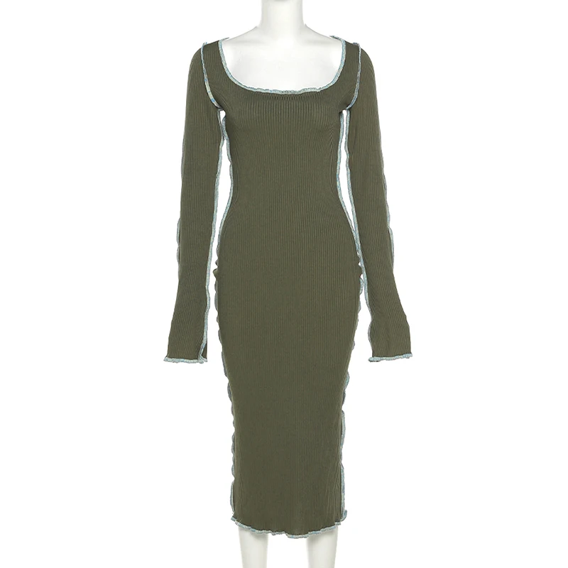 

Women Autumn Army Green Knitted Dresses E-girl Vintage Streetwear Long Flare Sleeve Lettuce Trim Midi Dress Female Retro Outfits