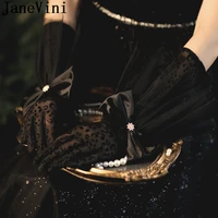 janevini sexy black sheer gloves bow mesh tulle short full finger bride gloves wedding party bridal accessories guante de malla