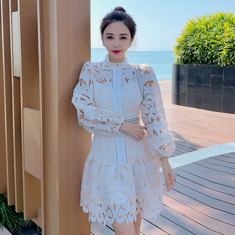 

Embroidery Asymmetrical 2021 Spring Women's Dresses Stand Collar Lantern Long Sleeve High Waist Lace Up Hollow Out Dress Female