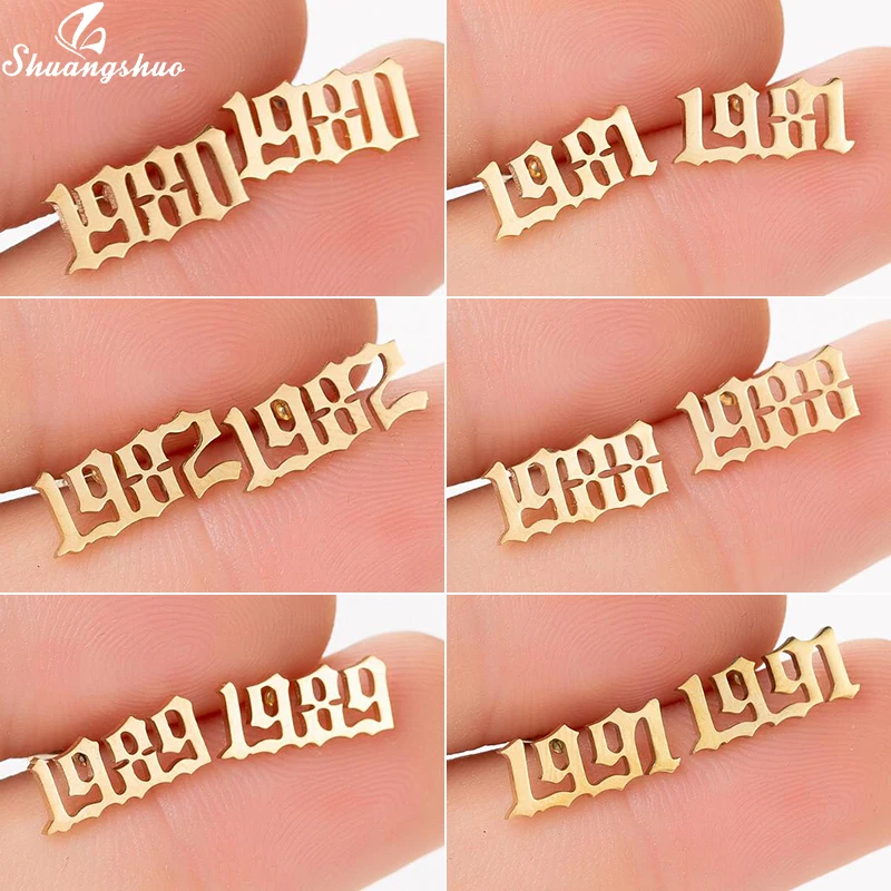

Shuangshuo Gold Stainless Steel Number Stud Earrings Women Birthday Gift Custom Jewelry 1980-2010 Year pendientes