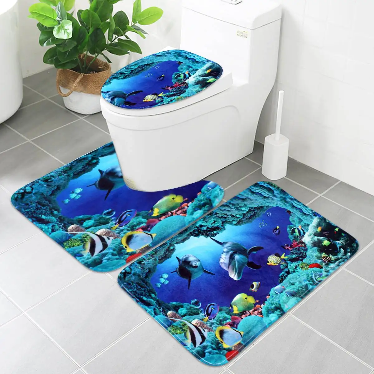 Bath Mat Set Meigar океан море Дельфин водонепроницаемый полиэстер ванная душевая занавеска с 10 крючками стойка для тряпок крышка унитаза набор ковриков для ванной - Цвет: Bath Mat Set