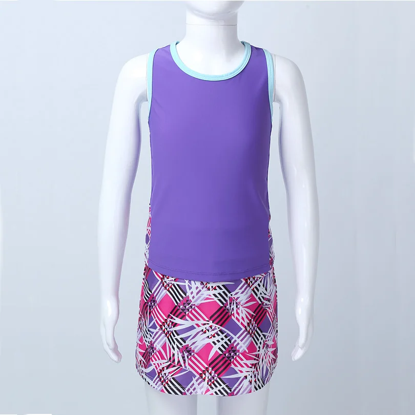 Kids Tennis Skirt Set for Girls Children's Clothing Sport Suit Racer Back Top Built-in Shorts Set Running Gym Fitness Sportswear