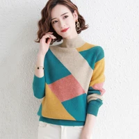 new autumn winter knit sweater women 2021 casual fashion warm half high collar color block design pullover sweater loose tops