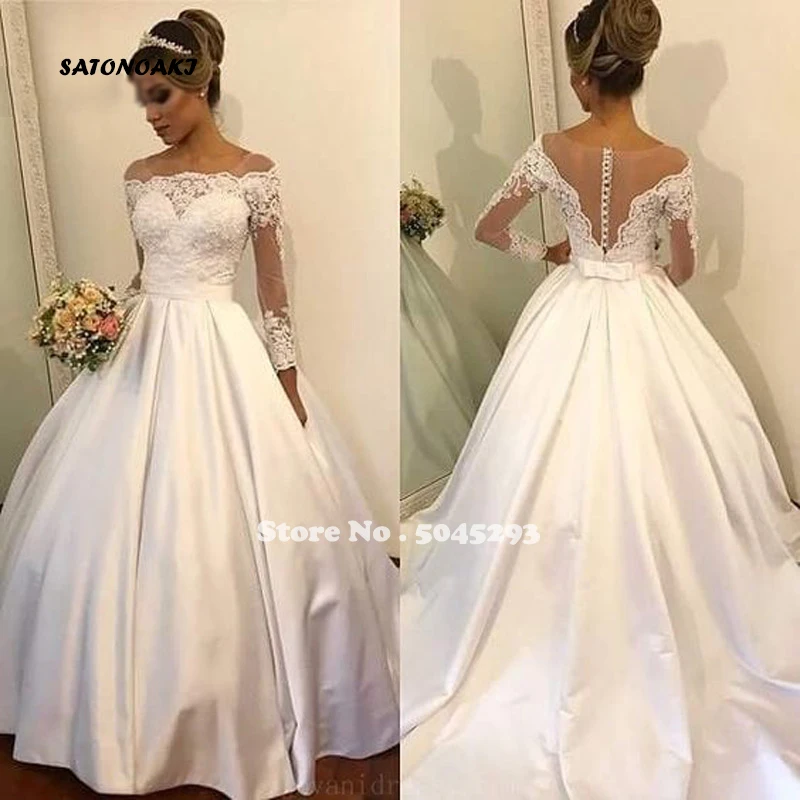 

2020 White Satin Wedding Dress Lace Appliques Buttons Cheap Long Sleeves Bride Vestido De Novia Undefined Online Shop Mariage