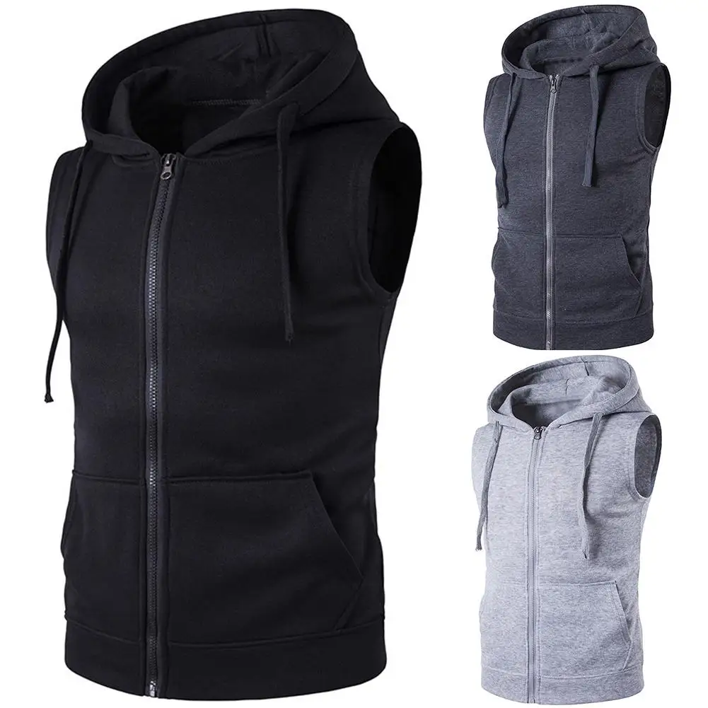 Жилет мужской однотонный на молнии с карманами и капюшоном|Мужские жилеты