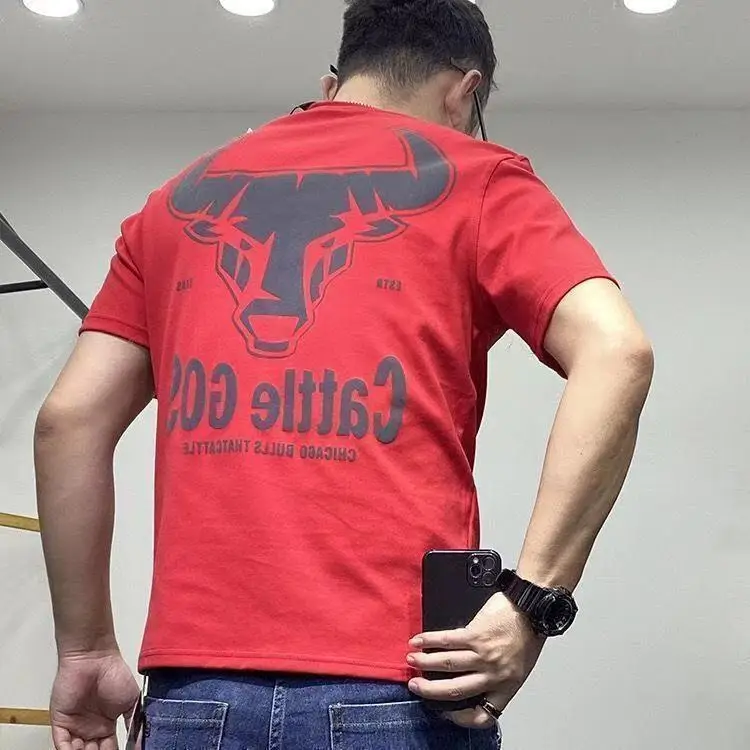 

Мужская летняя футболка из 100% хлопка, Корейская кофта с коротким рукавом и круглым вырезом и принтом головы коровы, Новинка