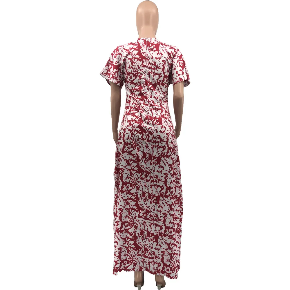 

Red/blue Floral Print Summer Holiday Dresses for Women Deep V Neck Short Sleeve Vacation Dress Vintage Side High Split Vestidos