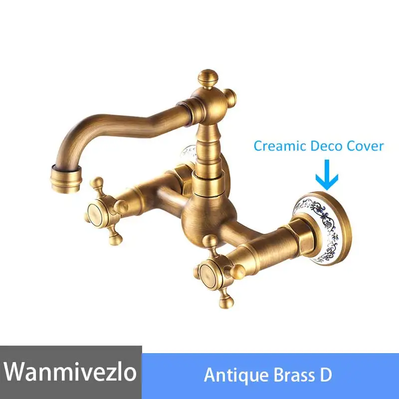 Antique Brass D Черный бронзовый кран для ванной комнаты, настенный кран для раковины, кран с двойной ручкой и вращением на 360 градусов, кран для холодной и горячей воды, Смеситель torneira - Цвет: Antique Brass D