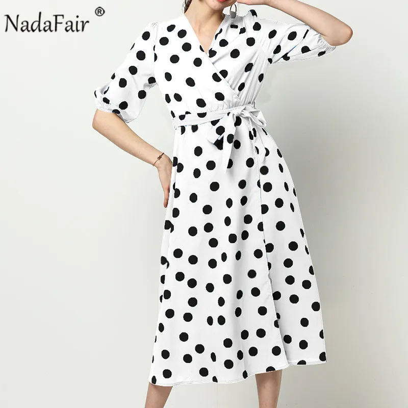 Женское шифоновое платье миди Nadafair белое или черное элегантное в горошек с