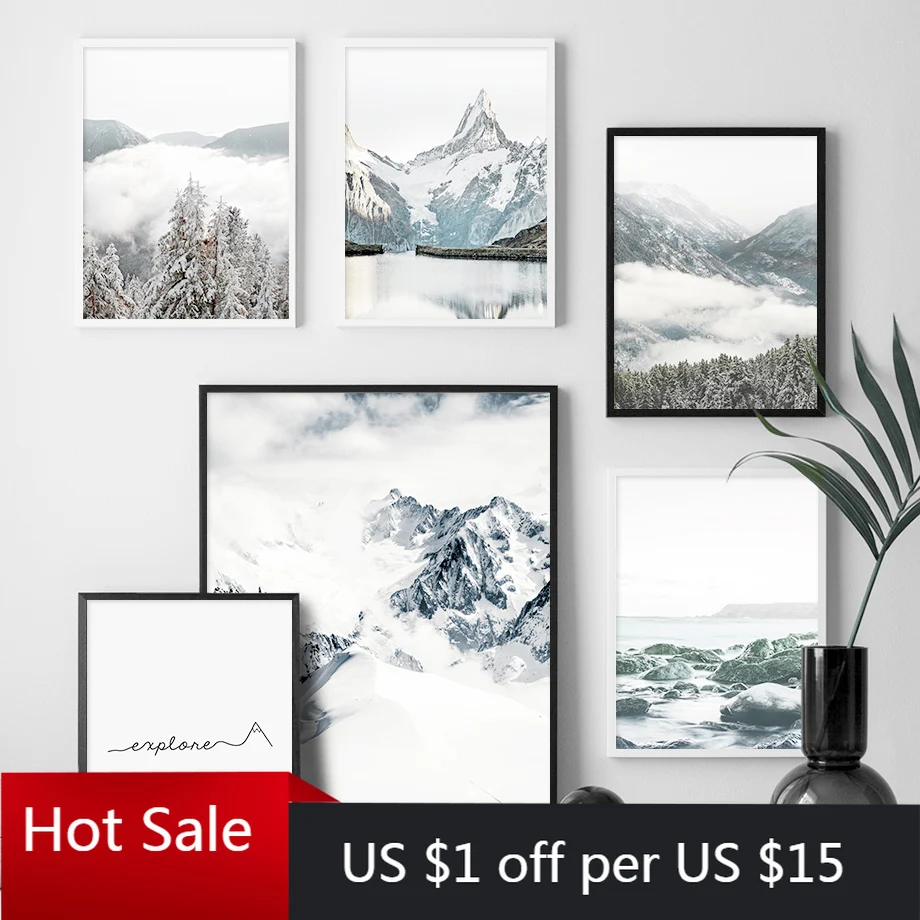 Альпы туман снег гора озеро морской пейзаж скандинавские принты Картина на