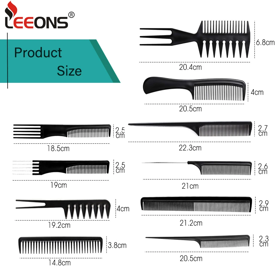 

Leeons Cheap Hair Comb Set Black 10Pcs/Set Anti-Static Hair Comb And Brush Set Salon Barber Hairdressing Tail Comb Styling Tools