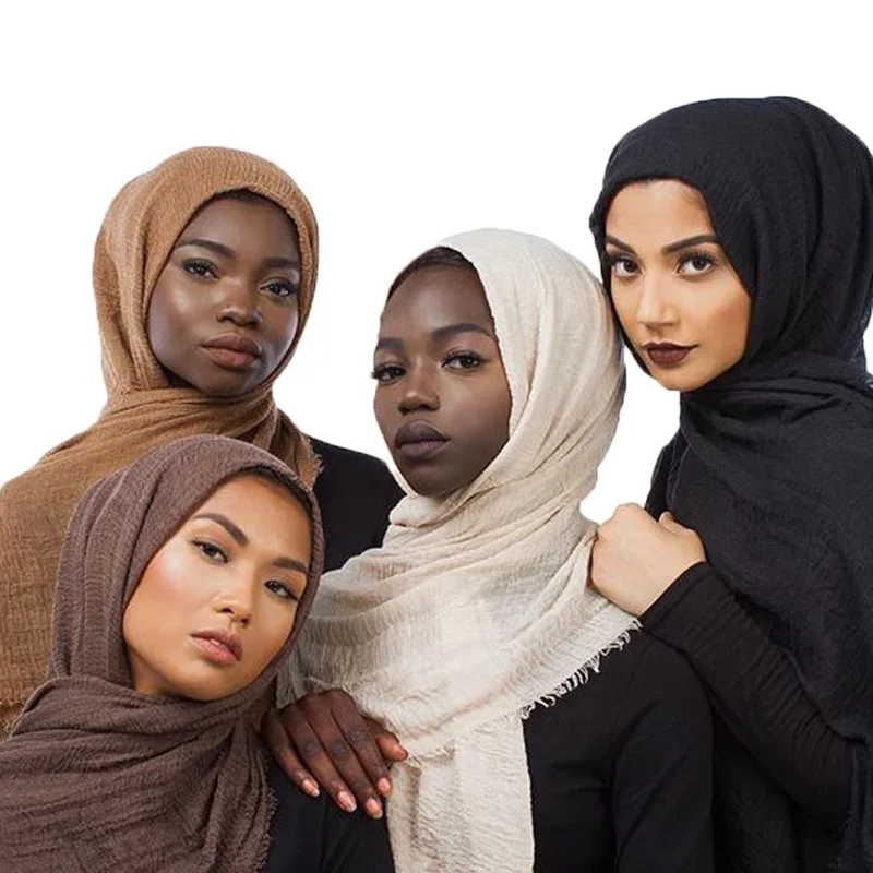 

90*180CM Muslim Woman Veil Solid Color Cotton and Linen Muslim Woman Turban Wrinkles Scarf Islamic Headscarf Headband