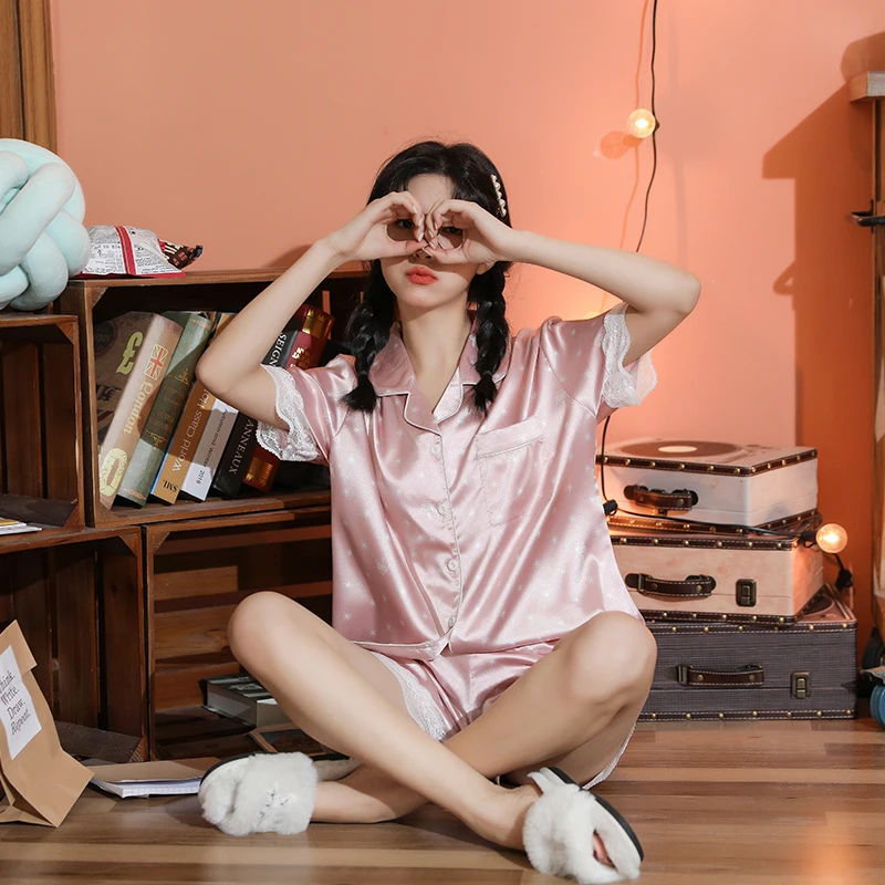 CAIYIER Summer Women Pajamas Suit Sexy New Lace Short Sleeve Sleepwear Ice Silk Satin Print Nightwear Shorts Girl Homewear M-5XL