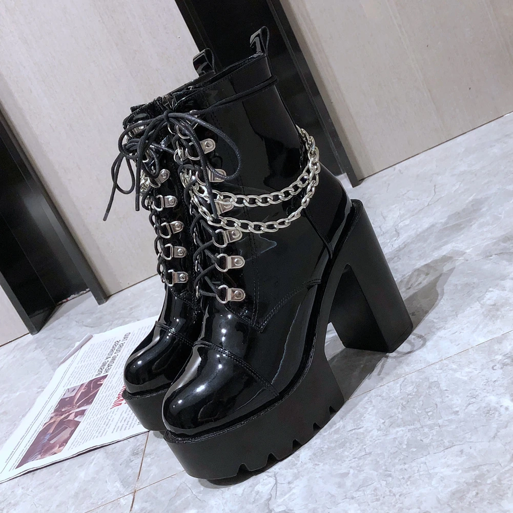 

Brand New 2020 Autumn Winter Platform Fashion Square High Heels Punk Chains Cool Motorcycles Ankle Boots Female Shoes Women
