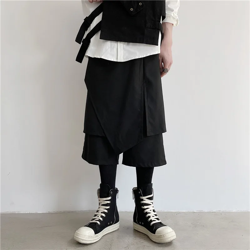 

Men Splice Causal Skirt Pant Male Japan Style Streetwear Hip Hop Harem Trousers Stage Clothing Calf-length Pants Midweight 7710