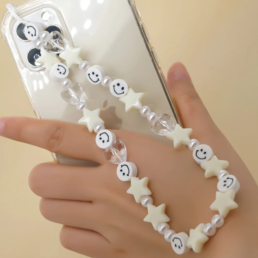 Colorful Smile Pearl Star Soft Pottery Mobile Phone Strap Lanyard For Women Ladies Fashion Jewelry Phone Case Hanging Cord