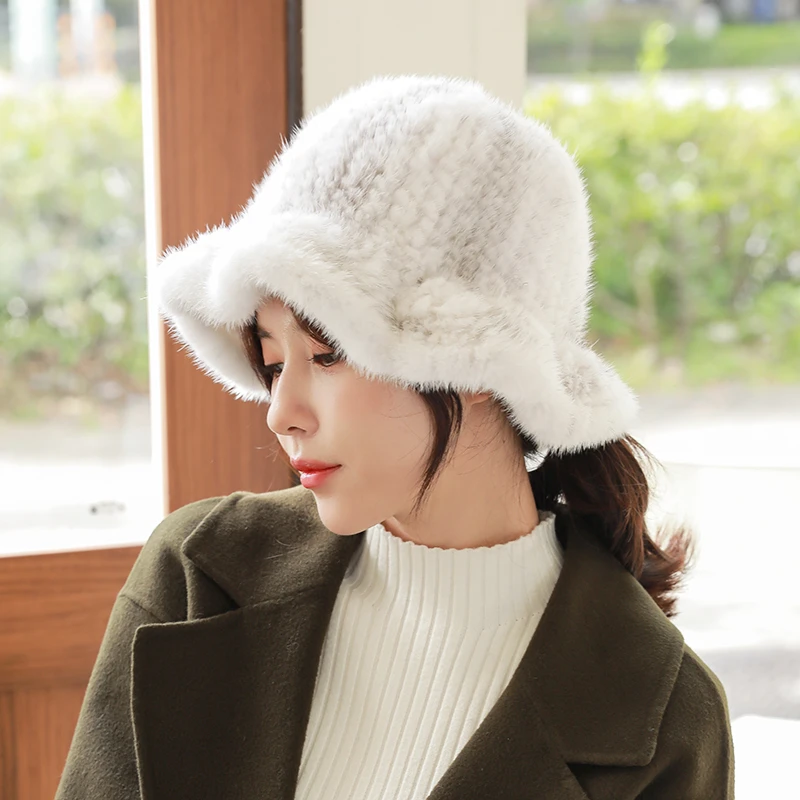 ZDFURS * Women's Mink Fur Buckets Hats Korean Fashion Knitted Beanies Girl Winter Warm Caps Ear Protector Casual Japan Falbala