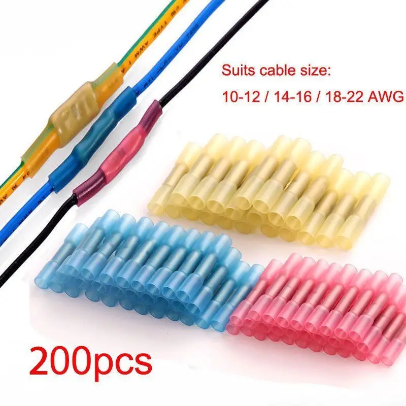 

200Pcs Assorted Heat Shrink Connectors Insulated Waterproof Crimp Terminals Seal Butt Electrical Wire Connector 22-10 AWG