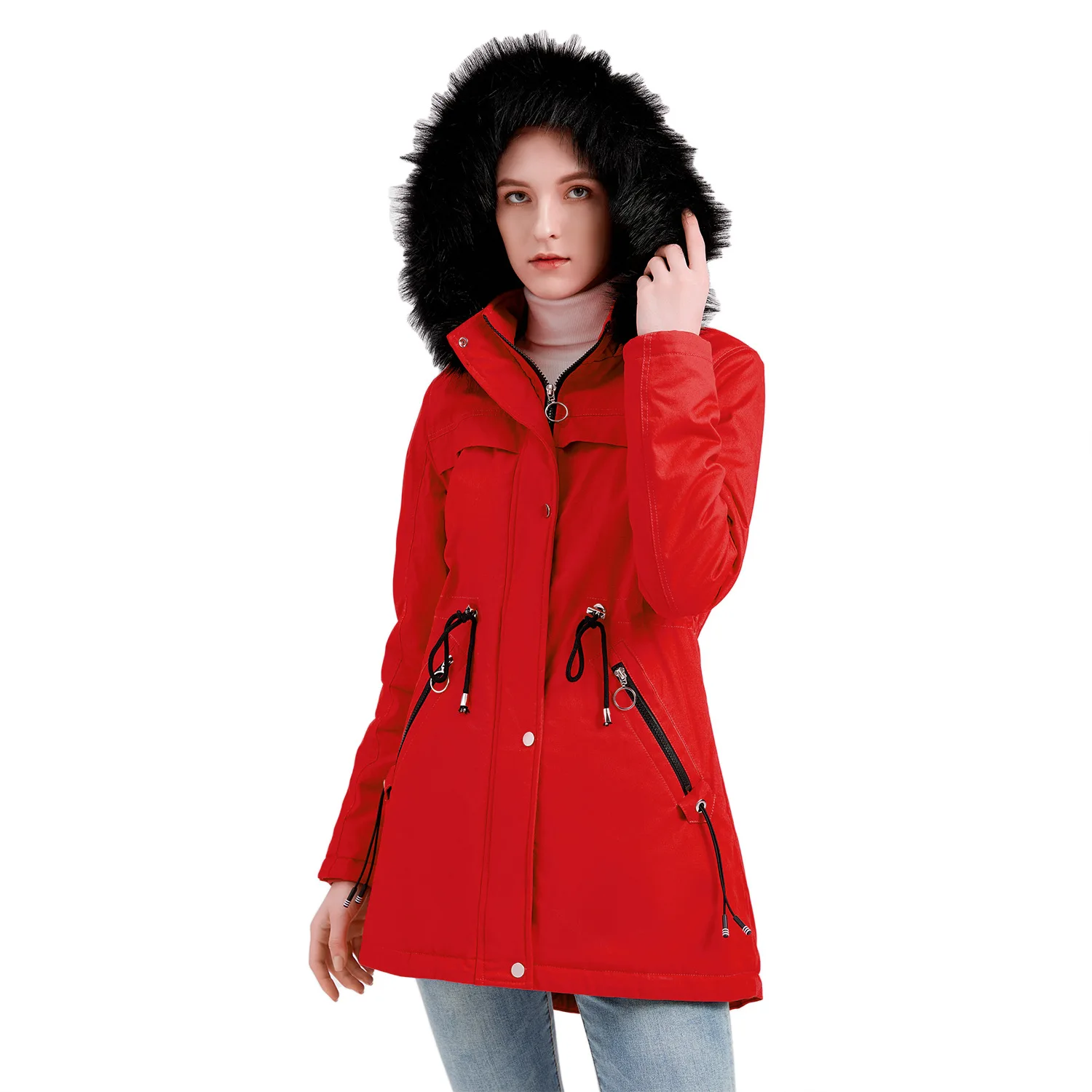 Women Hooded Warm Winter Coats Cotton Padded Parka Winter Jacket Fur Hood Coat Outerwear