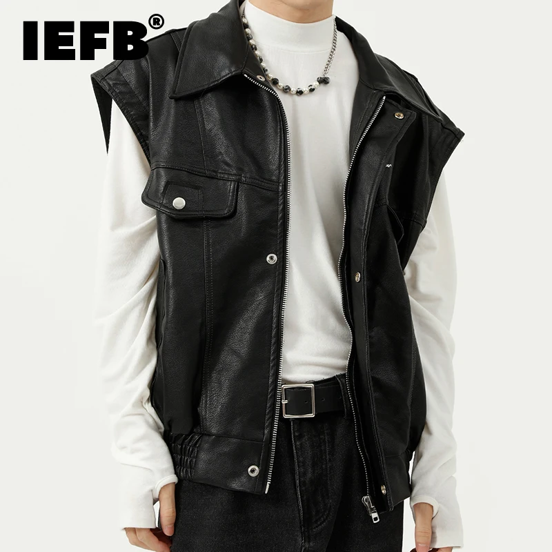 

IEFB Men's Wear New Autumn American Waistcoat PU Leather Vest Men's Lapel Sleeveless Casual Loose Black Tops High Quality 9Y8997