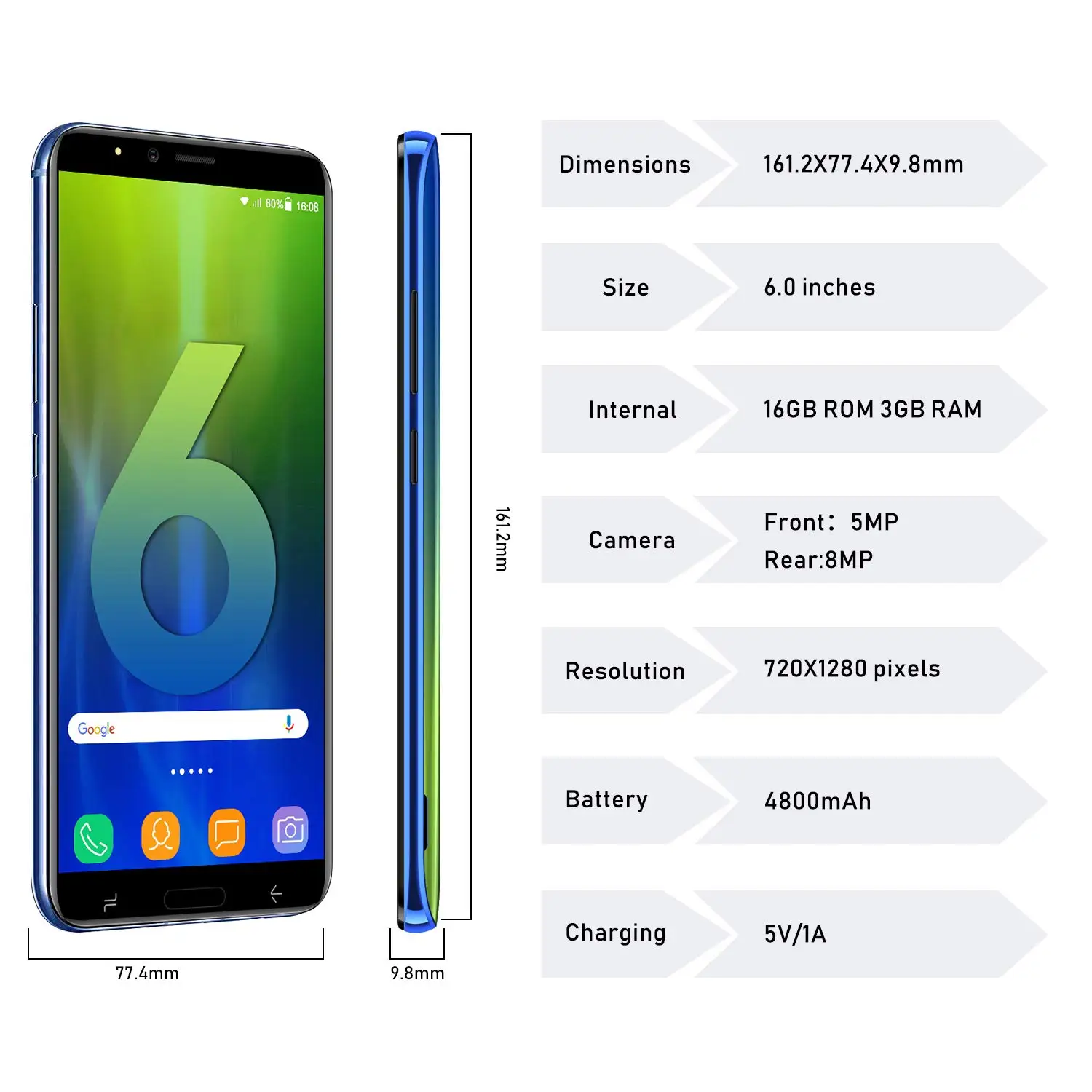 Мобильный телефон TEENO DUODUOGO J6+, Android 8,1, 3 Гб ОЗУ, 16 ГБ, 6,0 дюйма, HD экран, две sim-карты, 4800 мАч, 8 Мп, 4G, мобильный смартфон, сотовый телефон