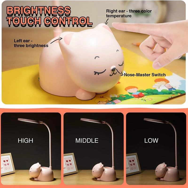 

Pink Kids Desk Lamp with Pen Holder,Eye Protection,Gooseneck Cat Lamp,Stepless Dimming,Contact LED Samll Desk Light