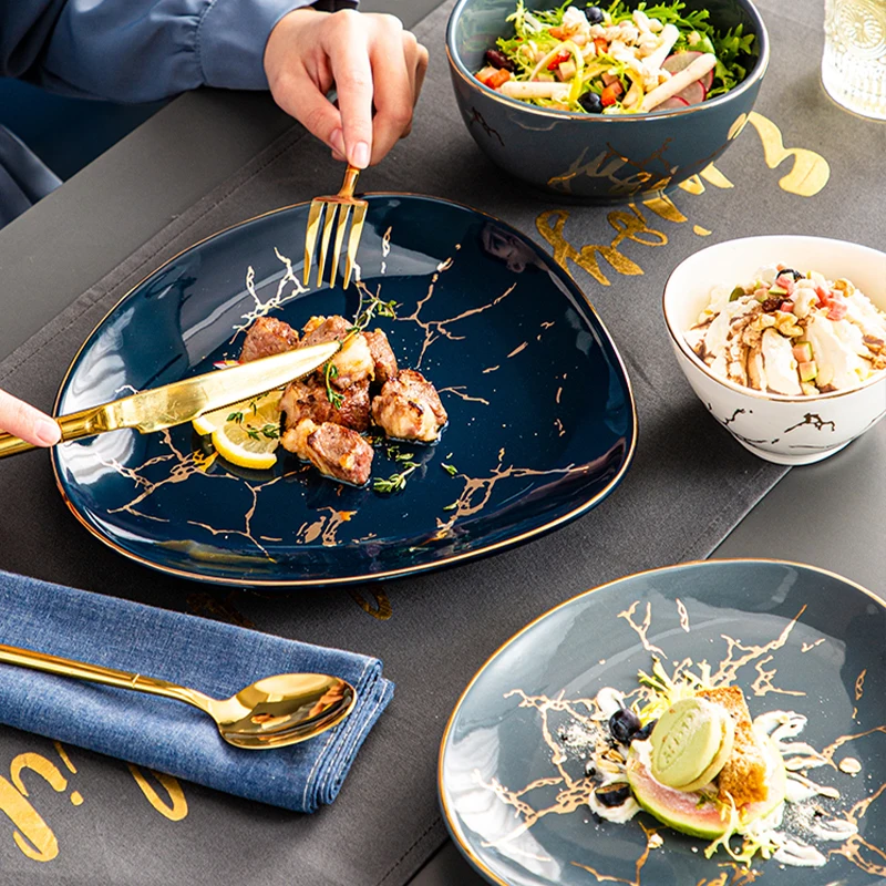 

Мраморные тарелки в скандинавском стиле, керамическая тарелка с золотым ободком, Золотая посуда, тарелка в западном стиле, тарелка для стей...