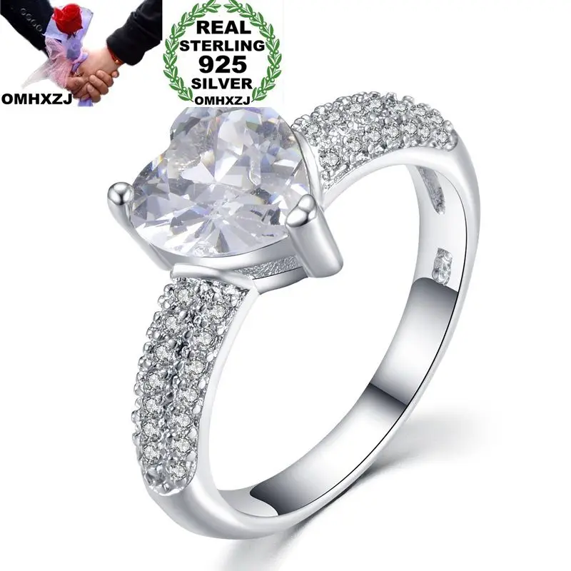 

OMHXZJ Wholesale European Fashion Woman Man Party Wedding Gift White Heart AAA Zircon 925 Sterling Silver Ring RR212