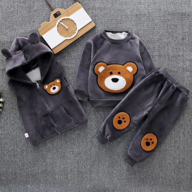 Children's suit winter clothes baby boy Velvet warm girl cartoon cute plus velvet thick hooded sweater three-piece | Детская одежда