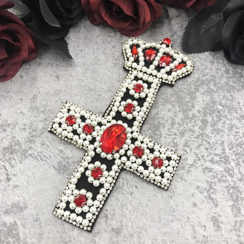 

Handmade Rhinestone Pearl Crown Cross，Jacket Patches Embroidered Applique Decorative Bags, Shoes, Clothes Parches Badge Stripe