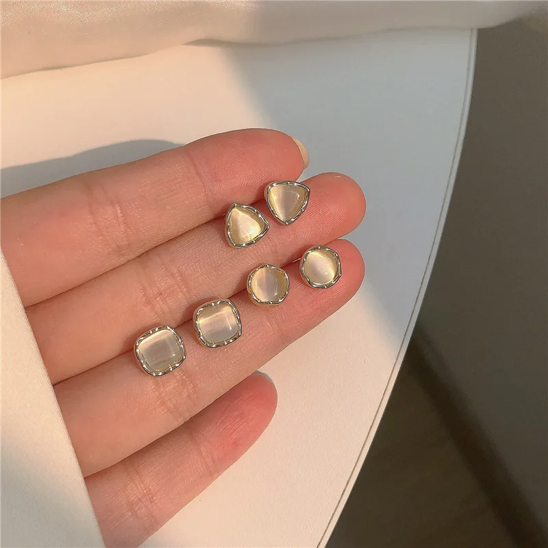 JP22 S925 silver needle Korean simple three-piece geometric opal earrings small cute earrings daily ins wind earrings