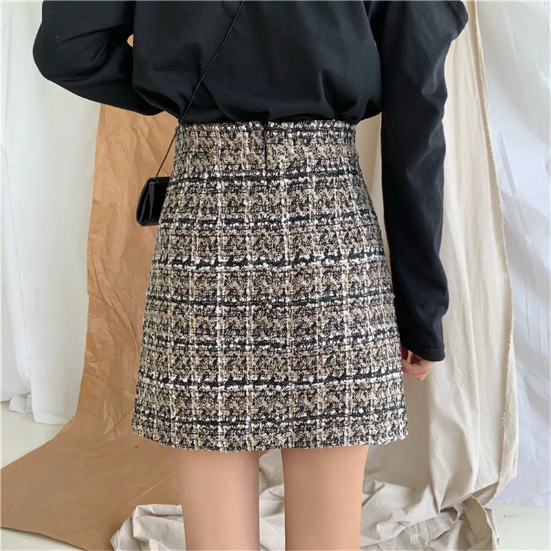 Клетчатая твидовая облегающая юбка для женщин Корейская линия Мини-Юбки Женская