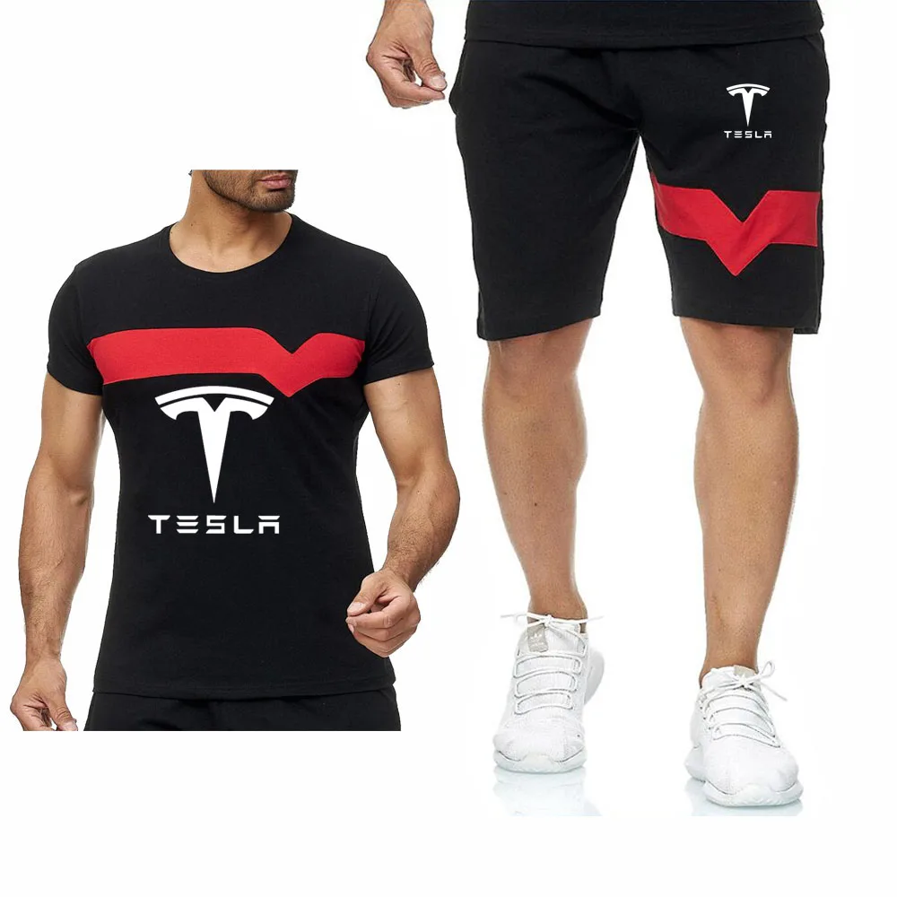 

New 2021 Summer for Tesla Car Logo casual male Splice Cotton Crew neck Short Sleeve Mens T-Shirt Pants Suit 2Pcs