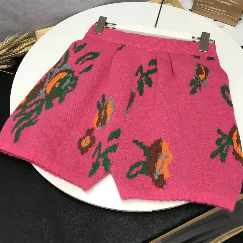 Vintage Flower Embroidery Two Piece Set Color Intarsia Knit Cardigan Shorts Suit 2021 Winter Fashion Sweater Women Clothes enlarge