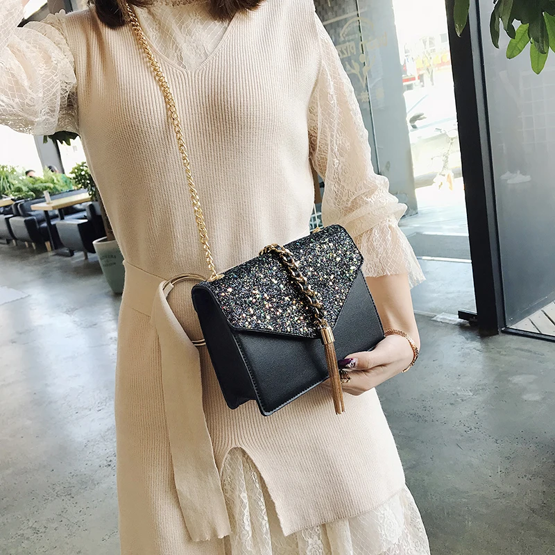 

2021 Fashion New Ladies Sequin Square bag High quality PU Leather Women's Designer Handbag Tassel Chain Shoulder Crossbody Bag