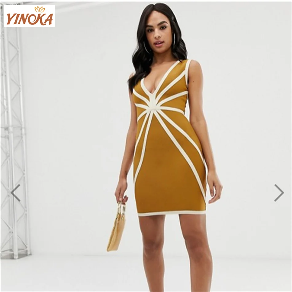 

Yinoka Yellow Bandage Dress midi bodycon dresses v neck women night club party wear fashion girls