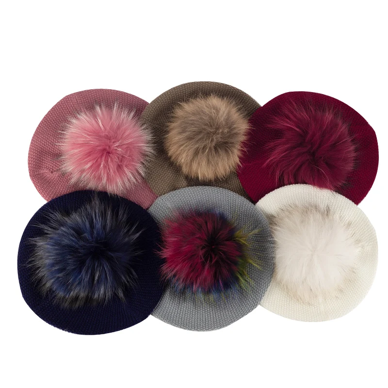 Берет Geebro Женский вязаный мягкий весна-осень с настоящим помпоном женский