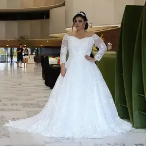 Off Shoulder Long Sleeves Lace Plus Size Wedding Dresses 2021 Beaed Appliques Sweep Train Tulle A Line Bridal Gowns vestido