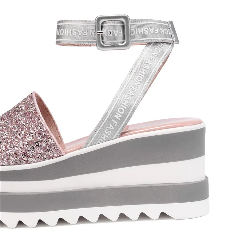 

Summer 2019 Silver Pink Bling Glitter Party Wedges Shoes Women Sandals Buckle Cross Strap Creepers Platform Sandals Shoe
