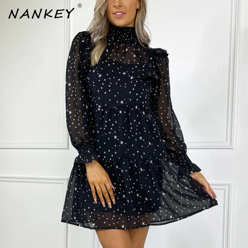

NANKEY Autumn Cascading Ruffle Star Print Chiffon Dress Women Casual Long Sleeve A Line Boho Female Elegant Mini Party Vestidos