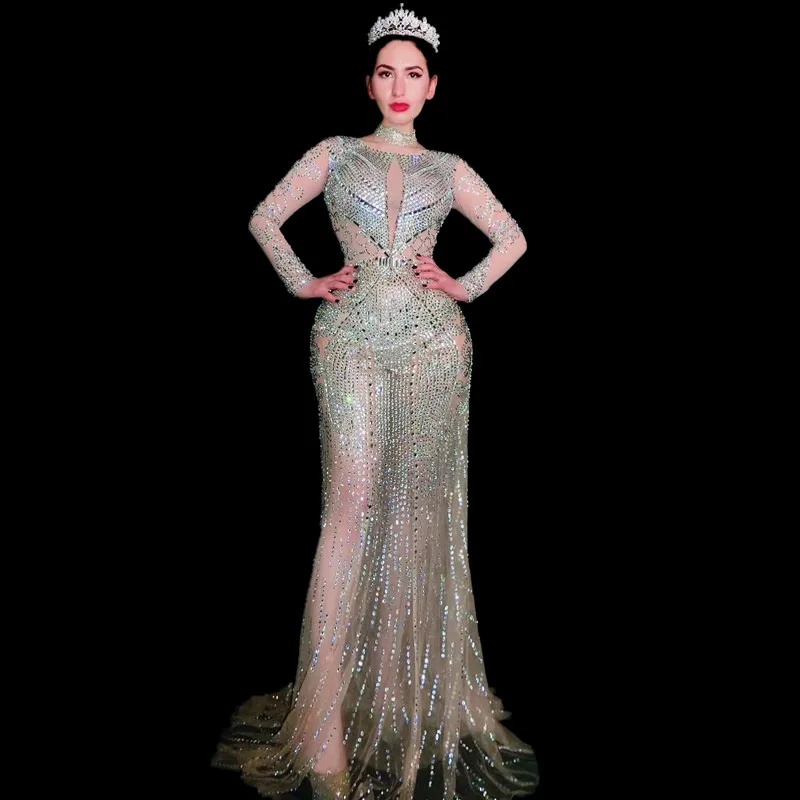 

Сексуальное прозрачное облегающее Сетчатое вечернее свадебное длинное платье, женское стразы, празднование дня рождения, платье-русалка, в...