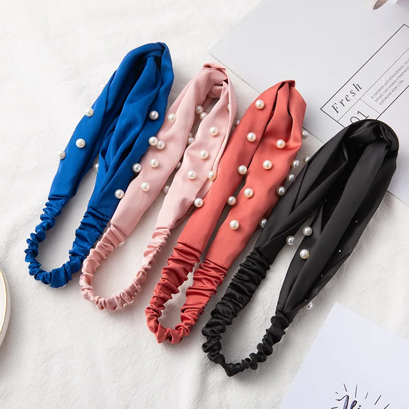 

Korean Turban Woman Fashion Headband Consice Elastic Pearls Fabric Hair Band Crossing Washing Make Up Accessories For Women