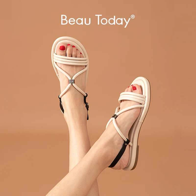 

BeauToday Sport Sandals Women Sheepskin Genuine Leather Narrow Band Buckle Strap Summer Ladies Low Heel Shoes Handmade 32188